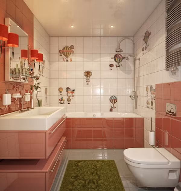 Dán tường theo chủ đề: Đơn giản, ngộ nghĩnh, phòng tắm trên chỉ cần một số miếng dán hình khinh khí cầu để trở nên hấp dẫn hơn với bất cứ bé yêu nào.