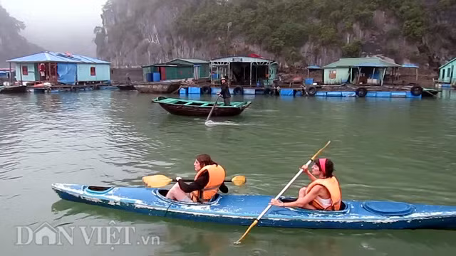 Du khách nước ngoài tự mình chèo thuyền kayak để khám phá làng chài cổ nhất ở Việt Nam.
