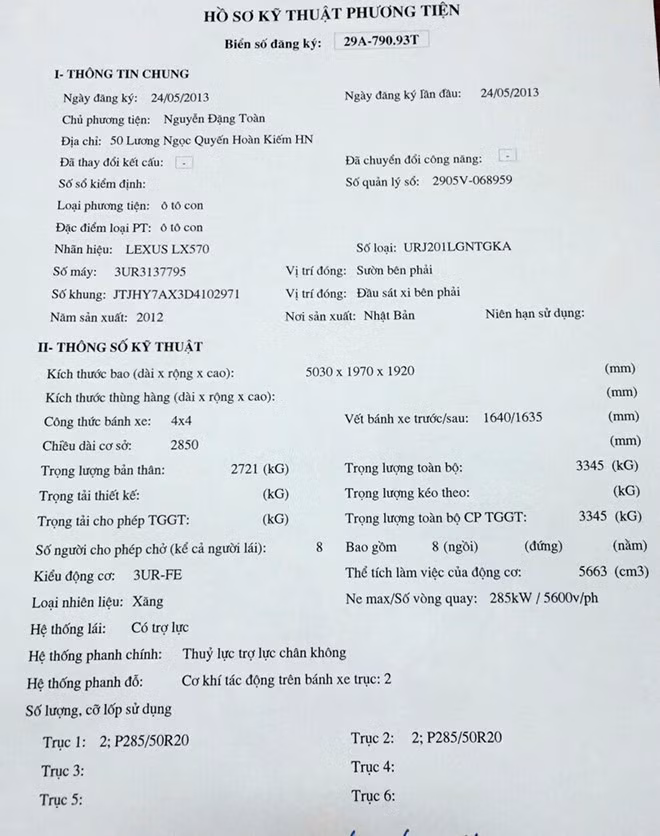 Hồ sơ kỹ thuật chiếc xe của ông Nguyễn Đặng Toàn có cùng số máy, số khung được PC67 Công an Hậu Giang cấp cho Phòng Hậu cần kỹ thuật Công an Hậu Giang ngày 25/5/2013, tức sau một ngày PC67 Công an Hà Nội cấp cho ông Nguyễn Đặng Toàn. Ảnh: CTV.