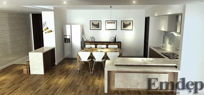 Tông trắng chủ đạo nổi bật trong khu vực bàn ăn và bếp nấu.