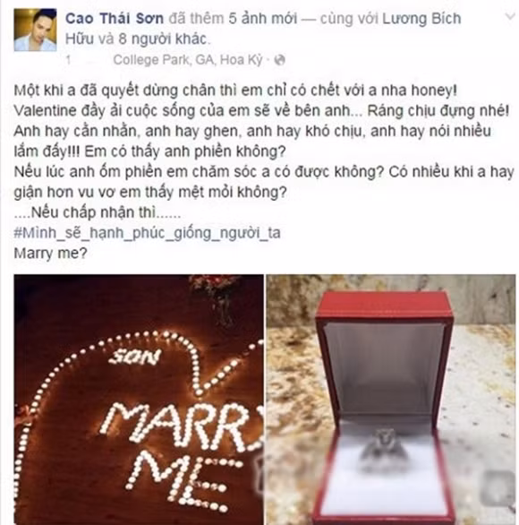Trước đó, nam ca sĩ từng ngỏ lời cầu hôn bạn gái trong dịp Valentine vừa qua, nhưng không tiết lộ thông tin cũng như hình ảnh của người yêu.