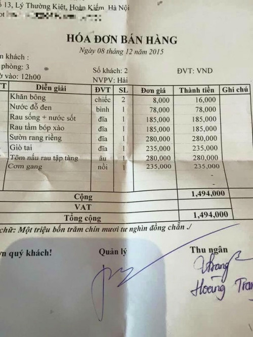 Bữa cơm trưa dành cho hai người ăn giá 1,5 triệu đồng gây tranh cãi.