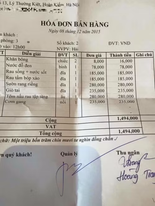 Bữa cơm trưa dành cho hai người ăn giá 1,5 triệu đồng gây tranh cãi.