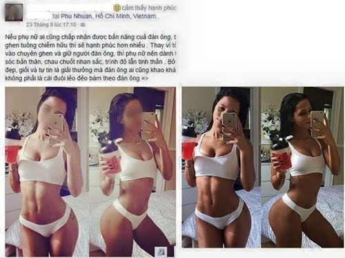 Cô gái với loạt ảnh "mặt mình, thân hình người khác" Mặc dù vốn là người yêu thể thao và sở hữu vóc dáng khá chuẩn rồi, thế nhưng cô gái có tên P.Q.T.N này vẫn ghép mặt mình vào body siêu hot của hàng loạt cô gái nước ngoài. Thậm chí vì "tay nghề" chỉnh sửa còn khá kém nên những bức ảnh này vẫn bị lem nhem và hầu như ai nhìn cũng biết là ảnh ghép. Bên trái là ảnh có mặt của P.Q. Còn bên phải là ảnh của một cô gái nước ngoài.