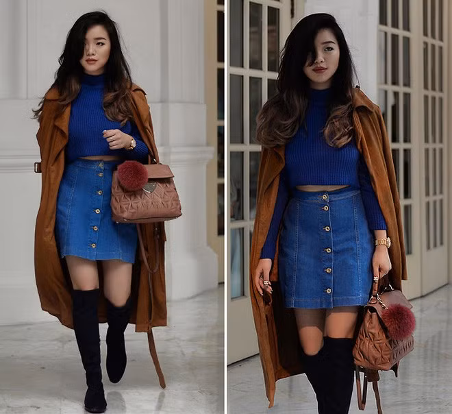 Trong khi đó, Willabelle Ong, hot blogger đình đám của châu Á lại gây chú ý bằng cách phối 2 chất liệu “hot” nhất thu này là denim và da lộn thành một set đồ hút mắt.