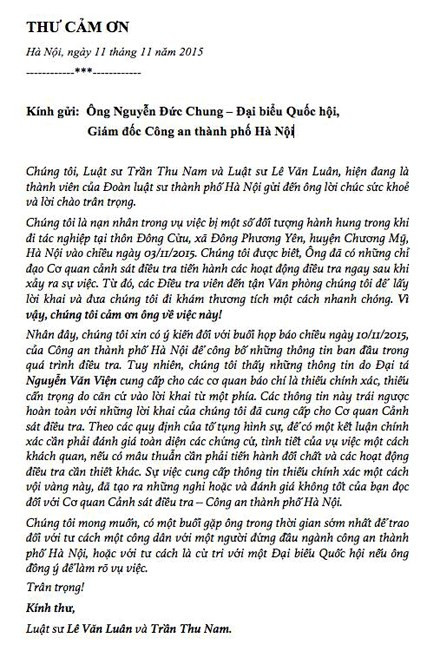 Hai luat su bi danh viet gi trong thu cam on Tuong Chung?