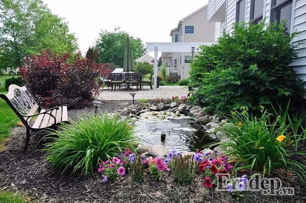 Khoảng ngoại thất xinh xắn với những khóm hoa đủ chủng loại và màu sắc đua nhau nở.