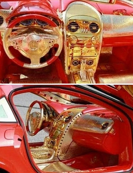 Từng bánh xe, hộp đèn, tay nắm cửa trên xe đều được phủ vàng 24 carat, nội thất bên trong thì phủ đầy đá quý. Người ta ước tính phải hơn 600 viên hồng ngọc được khảm trong chiếc siêu xe dát vàng này.