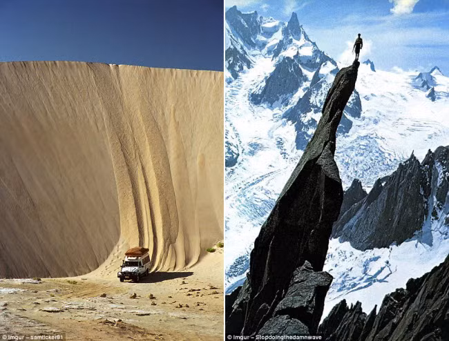 Xe đường lao xuống cồn cát ở Lucky Bay, Australia (trái) và nhà leo núi nổi tiếng Gaston Rebuffat đứng trên ngọn núi cao ở Pháp.