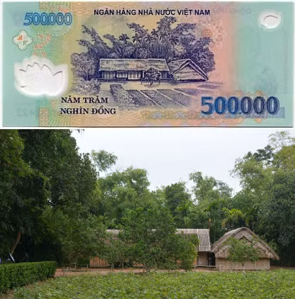 500.000 đồng: Trên tờ tiền có mệnh giá lớn nhất hiện nay, tờ 500.000 đồng là hình ảnh ngôi nhà 5 gian ở làng Sen (Nam Đàn, Nghệ An), gợi nhắc về làng quê Việt giản dị. Ngôi nhà thuộc khu di tích Kim Liên, một trung tâm du lịch lưu giữ những hiện vật, tài liệu, không gian văn hóa - lịch sử về thời niên thiếu của Chủ tịch Hồ Chí Minh và những người thân trong gia đình.