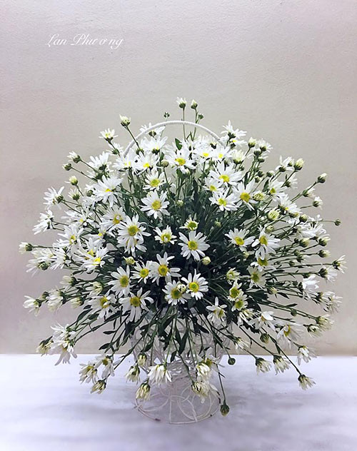 Chị Lan Phương khoe tác phẩm được cắm từ 5 bó cúc hoạ mi, nở tung như pháo hoa.