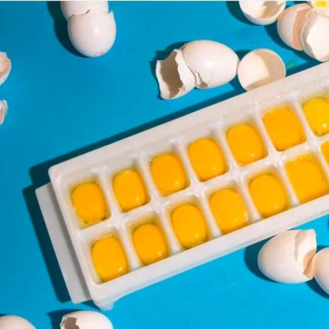 Nếu bạn làm vỡ trứng nhưng chưa muốn sử dụng hoặc bạn chỉ cần dùng lòng trắng, đang thừa lòng đỏ thì bạn có thể đóng đá chúng để dùng dần. Hãy tận dụng khay đá, đổ lòng đỏ vào mà rẩy một vài hạt muối lên chúng để giữ lòng đỏ không bị vỡ.