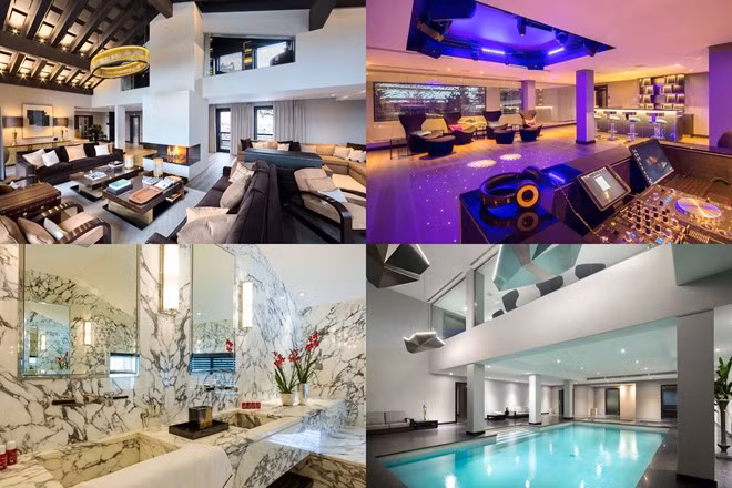 Nhà gỗ Bellevue, Courchevel (Pháp) – Giá thuê: 400.000 USD/tuần Nhà gỗ Bellevue tọa lạc tại vùng núi Courchevel, có diện tích 1.300 m2 với 5 phòng ngủ cho 10 người. Khu vực phòng khách có mái vòm cao gấp đôi bình thường và cửa sổ lớn với hướng nhìn hoàn hảo ra khung cảnh bên ngoài. Điểm đặc biệt nhất của căn nhà này khu vực giải trí ở tầng trệt với phòng chiếu phim, khu vực bar sàn và câu lạc bộ đêm rộng lớn cùng hệ thống âm thanh ánh sáng tuyệt hảo. Ngoài ra, ở đây còn có bể bơi trong nhà, bể sục, bể tắm lạnh, phòng xông hơi.