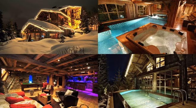 Biệt thự Titania, Megève (Pháp) – Giá thuê: 240.000 USD/tuần Căn nhà gỗ rộng 2.000 m2 này nằm trong ngôi làng Megève ở vùng núi cao thuộc vùng Rhones-Alpes, nước Pháp. Tại đây có 12 phòng VIP với sức chứa 25 người. Căn nhà nghỉ đông này có đầy đủ tiện nghi giải trí như phòng chơi game, chiếu phim, thư viện, hầm rượu, phòng họp cho 30 người, bể bơi, spa, phòng gym và tường leo núi nhân tạo cao 11m. Căn nhà nghỉ dưỡng xa xỉ này còn có đội ngũ nhân viên phục vụ đầy đủ, gồm cả đầu bếp và quản gia.