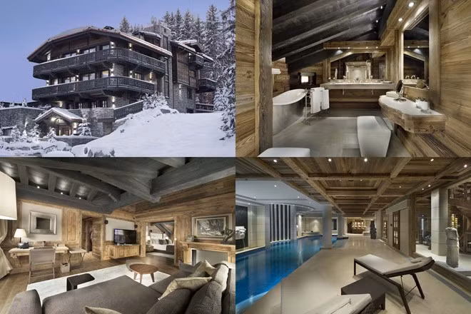 Nhà gỗ Edelweiss, Courchevel (Pháp) – Giá thuê: 370.000 USD/tuần Dinh thự đậm chất thơ này có 7 tầng với diện tích 3.000 m2. Thang máy chở xe hơi tại đây cho phép di chuyển xe xuống gara có thể chứa 20 xe dưới lòng đất. Tại đây còn có câu lạc bộ đêm sức chứa 100 khách. Nhà gỗ Edelweiss có 8 phòng ngủ dành cho 16 khách. Tại đây có spa đẳng cấp với bể bơi 16m và bể sục, phòng gym hiện đại, phòng tắm hơi.