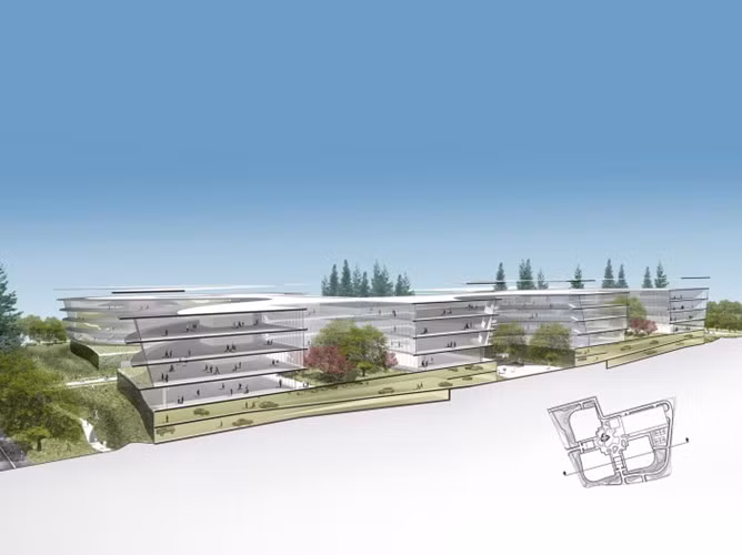 Bản thiết kế cho thấy Campus 2 sẽ có ba tòa nhà chính kết nối với một sân trung tâm.