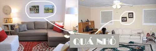 1. Sai lầm 1: Treo tranh khổ nhỏ Lý tưởng nhất, một bức tranh phải chiếm đến một nửa hoặc hai phần ba chiều rộng của bất cứ khoảng không nào nó treo ở trên.