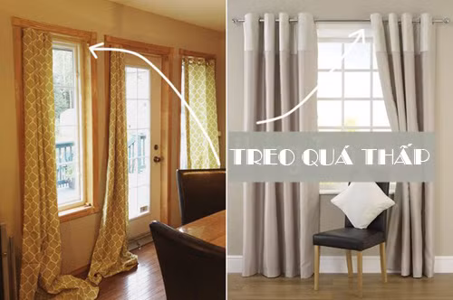 5. Sai lầm 5: Treo rèm cửa quá cao hoặc quá thấp Để làm cho cửa sổ của bạn (và phòng) trông lớn hơn, treo rèm cửa ở giữa trần và phía trên cùng của cửa sổ, với một thanh treo dài hơn so với chiều rộng của cửa sổ từ 15 - 20cm ở mỗi bên.