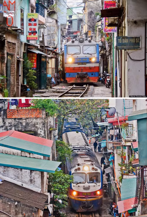 2. Đường sắt trong phố cổ Hà Nội Phần lớn đường sắt trên thế giới đều có hành lang rộng ngăn cách với khu dân cư, nhưng phố cổ Hà Nội là trường hợp đặc biệt. Tại đây, người dân sinh sống và làm việc dọc đường ray tàu hỏa. Các ngôi nhà chỉ tạm thời đóng cửa khi đoàn tàu chạy qua và mọi hoạt động trở lại bình thường ngay sau đó.