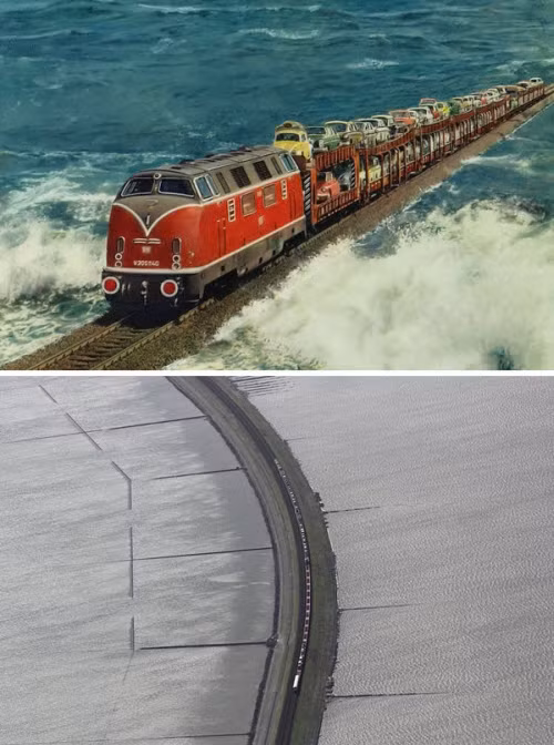 6. Tuyến đường sắt vượt biển ở Đức Hindenburgdamm là tuyến đường sắt vượt biển dài 11 km, nối đảo Sylt với đất liền tại Schleswig-Holstein, Đức. Trước khi tuyến đường này được đưa vào sử dụng năm 1927, việc di chuyển ra đảo phụ thuộc rất nhiều vào điều kiện thủy triều, thời tiết,… Ngày nay, hơn 100 chuyến tàu di chuyển qua tuyến đường này hằng ngày.