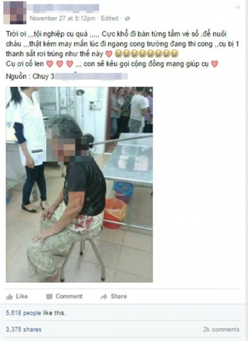 Bức ảnh này khiến nhiều người thương xót và nhận được nhiều lượt like, chia sẻ trên facebook.