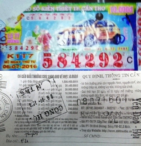 Tấm vé số trúng giải ba, có ký tên Tuyền phía dưới. Ảnh: Công an cung cấp.