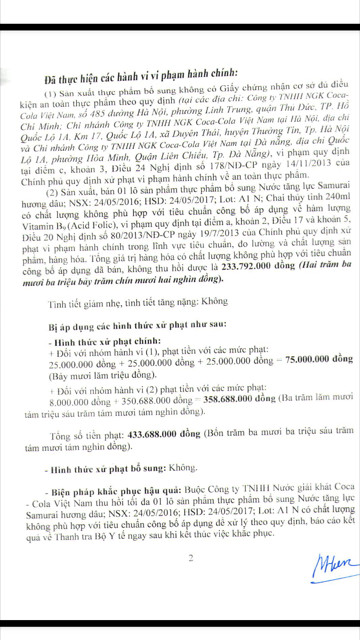 Coca - Cola Viet Nam bi phat hon 433 trieu dong