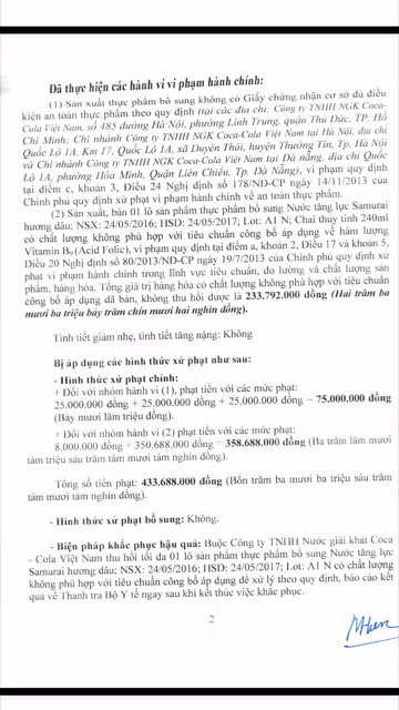 Coca - Cola Viet Nam bi phat hon 433 trieu dong