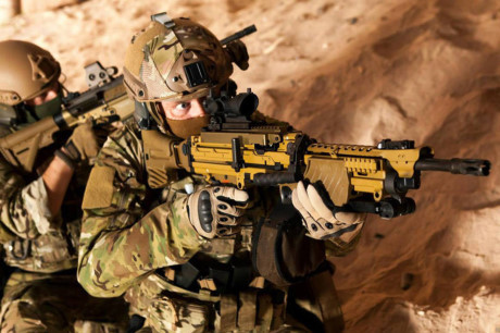 Súng có thước ngắm và ống ngắm quang học. Giá 2 chân tích hợp sẵn trên súng.