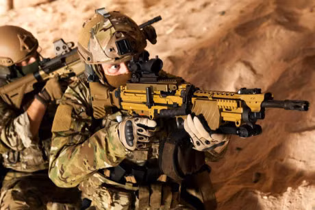 Súng có thước ngắm và ống ngắm quang học. Giá 2 chân tích hợp sẵn trên súng.