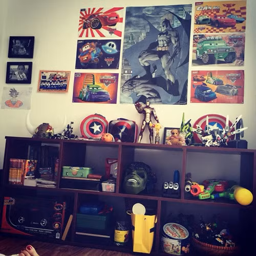 Góc riêng của bé Sonic rất gọn gàng và đầy những món đồ chơi của một cậu bé trai như siêu nhân, robot hay truyện Conan.
