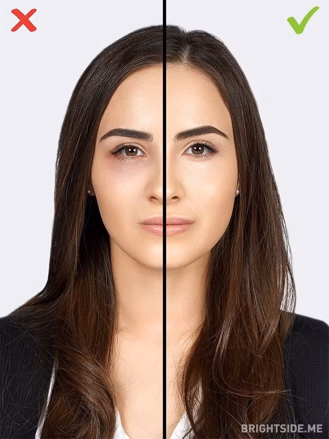 Không sử dụng kem làm đều màu da (corrector): Quầng thâm dưới mắt là vấn đề nhiều người gặp phải. Nếu sử dụng kem che khuyết điểm trong trường hợp này thì sẽ chỉ làm cho mọi việc tệ hơn. Bí quyết ở đây là nên sử dụng kem chỉnh màu da. Hãy sử dụng loại kem này duy nhất ở vùng da tối màu và thoa kem càng mỏng càng tốt.