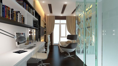 Góc làm việc được bố trí sát phòng ngủ, sử dụng vách kính trong suốt tạo nên sự thông thoáng và thoải mái cho không gian.