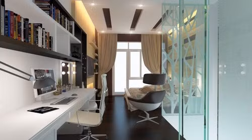 Góc làm việc được bố trí sát phòng ngủ, sử dụng vách kính trong suốt tạo nên sự thông thoáng và thoải mái cho không gian.