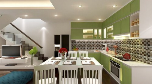 Sắc xanh cốm trên hệ kệ tủ kết hợp cùng sắc trắng trang nhã đến từ các món đồ nội thất góp phần tạo cảm giác tươi mát, từ đó “thanh nhiệt” cho gian bếp vốn rất nực, không những thế, đây còn là những gam màu kích thích sự sáng tạo, rất thích hợp cho không gian như phòng bếp.