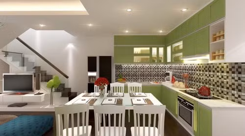 Sắc xanh cốm trên hệ kệ tủ kết hợp cùng sắc trắng trang nhã đến từ các món đồ nội thất góp phần tạo cảm giác tươi mát, từ đó “thanh nhiệt” cho gian bếp vốn rất nực, không những thế, đây còn là những gam màu kích thích sự sáng tạo, rất thích hợp cho không gian như phòng bếp.