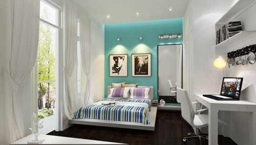 Tạo nên mảng nghệ thuật cho căn phòng nhờ màu của ga trải giường kết hợp với các vật dụng trang trí… một lần nữa, khung cửa kính lớn mang lại sinh khí và cảm xúc hứng khởi đón chào ngày mới.