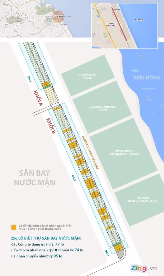 Các cơ quan chức năng TP Đà Nẵng đã khoanh vùng hàng trăm lô đất ở sát sân bay Nước Mặn (quận Ngũ Hành Sơn) vào diện nghi vấn. Trong ảnh: Bản đồ phân lô các biệt thự gần sân bay Nước Mặn.