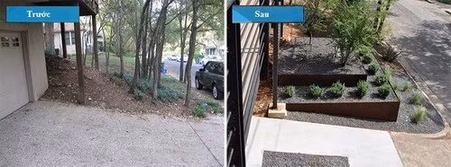 Không chỉ sửa nhà, cảnh quan ở xung quanh cũng được thay đổi để tạo nên một lề đường khá hấp dẫn. Từ một khoảng đất dốc đã được thay đổi bằng hai bậc thang, gia chủ có thể thoải mái trồng các loại cây xanh trên đó.