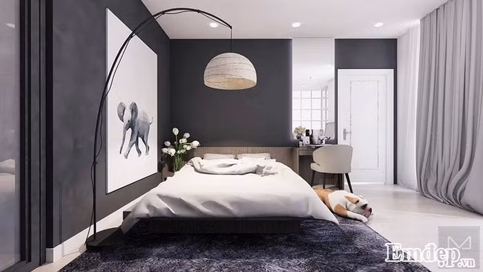 Phòng ngủ cá tính với gam màu trầm.