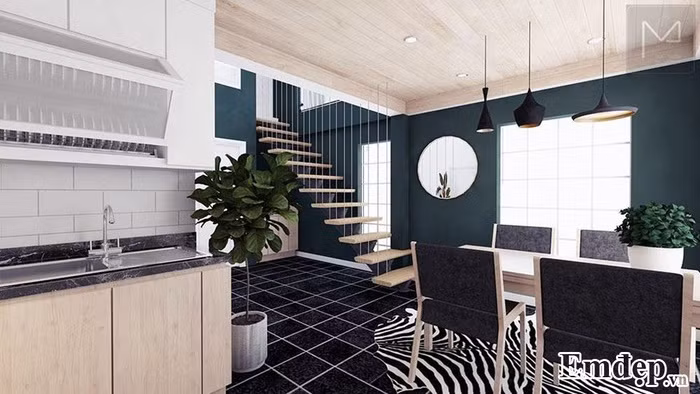 Không gian phòng bếp Ở không gian phòng bếp, KTS thiết kế phong cách cá tính với màu xanh trung tính, lạ mắt.