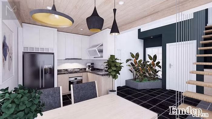 Từ sơn tường đến đèn thả đều khoác lên mình tấm áo xanh độc đáo và không đụng hàng. Gạch lát sàn cũng màu xanh hài hoà với tổng thể không gian.