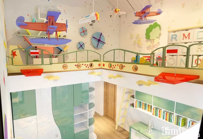 Phòng ngủ của con trai với cách thiết kế cá tính, nhiều màu sắc kích thích sự phát triển trí tuệ của trẻ nhỏ.