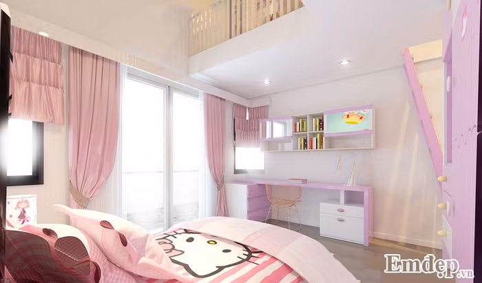 Phòng ngủ của con được bày trí như khu vui chơi ngoài trời lung linh và đa dạng sắc màu.