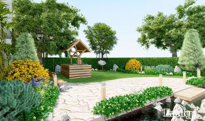 Khu vực sân vườn Khu vực sân vườn như 1 công viên thu nhỏ với cây cối, tiểu cảnh. Ngôi biệt thự giá trị này nổi bật giữa vùng ngoại ô Thạch Thất.