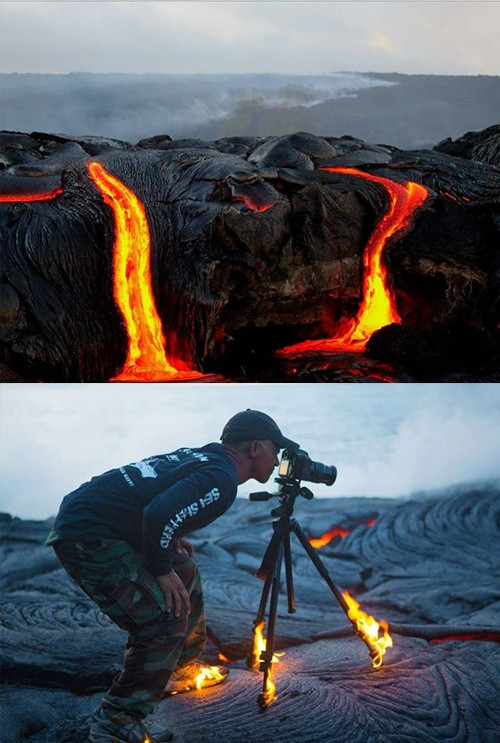 Chụp được tấm ảnh hiếm hoi về dung nham núi lửa đang phun trào thì cũng phải trả một cái giá không hề rẻ. Bức hình hậu trường độc đáo không kém gì tác phẩm nghệ thuật.