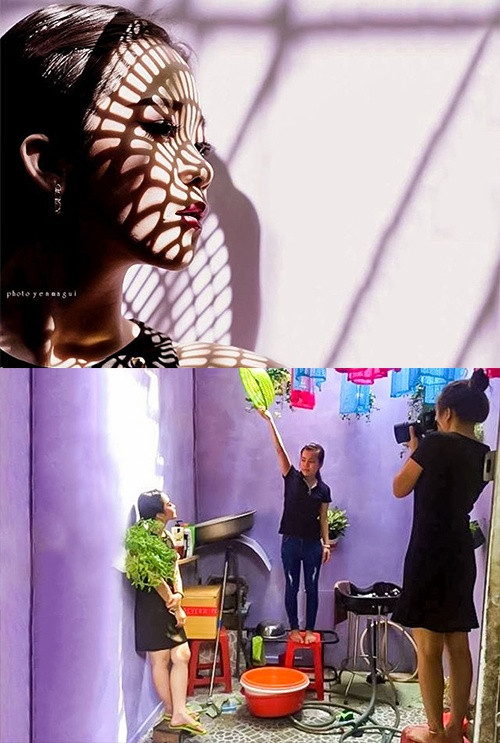 Nếu không nhìn vào bức ảnh hậu trường, chắc hẳn ít người có thể nhận ra phần bóng cực “nghệ” hắt lên khuôn mặt người mẫu lại được tạo nên từ cái… rổ.