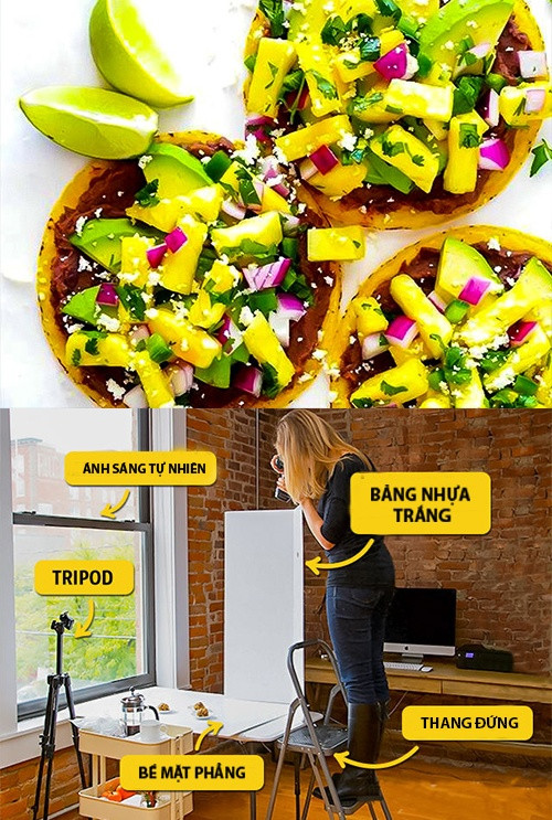 Sự thật đằng sau tấm ảnh ẩm thực như một tuyệt tác chỉ cần vài mẹo đơn giản ai cũng làm được. Tất cả dụng cụ cần thiết là tấm bảng trắng để hắt sáng, tripod, măt bàn phẳng, thang đứng hoặc ghế, máy ảnh bán chuyên và ánh sáng tốt.