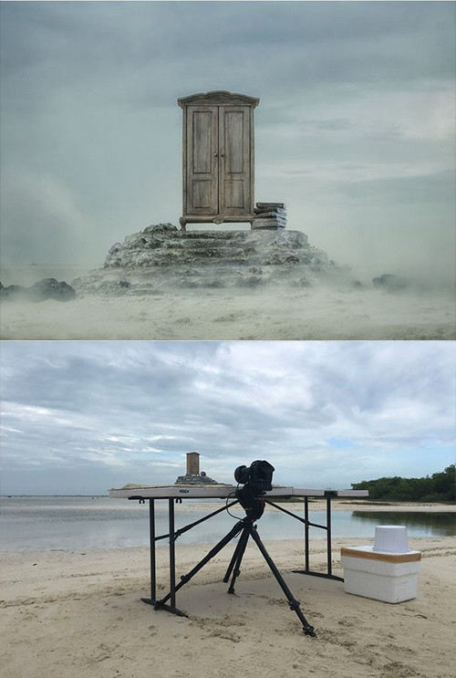 Chiếc tủ cổng trời trong làn sương mù mờ ảo khiến ai cũng bị thu hút sự chú ú. Nằm ngoài dự kiến, chiếc tủ này chỉ là một mô hình, làn sương ma mị được tạo nên từ khung cảnh bầu trời sắp mưa trên bãi biển.