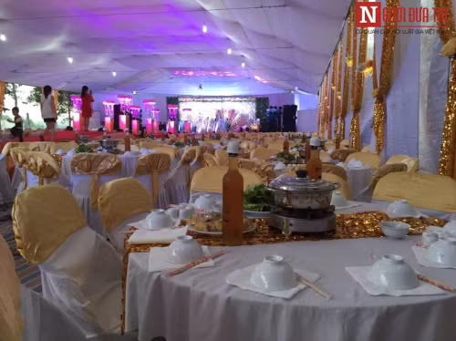 Không gian tiệc cưới nổi bật với tông màu chủ đạo là ánh kim sang trọng, được kết toàn bộ bằng hoa tươi. Ngoài ra, hôn lễ này còn được hỗ trợ bởi hệ thống ánh sáng và âm thanh cực đỉnh. Toàn bộ phần trang trí do một trung tâm tổ chức tiệc cưới nổi tiếng ở Nghệ An đảm nhận.